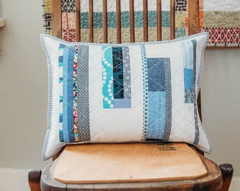 Blue + White Improv Patchwork Lumbar Throw Pillow | Modern Patchwork Couch Pillow