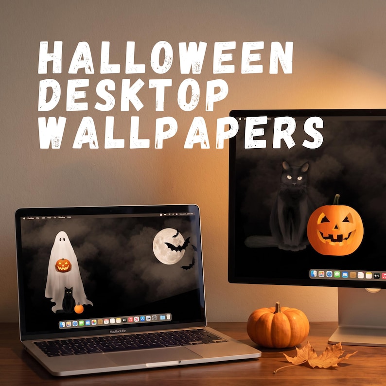 Halloween Desktop Wallpaper 4K Pack, Black Cat Ghost Pumpkin Digital ...