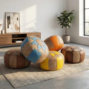 Pouf marocain en cuir de qualité supérieure - Housse de pouf rond moderne - Solution de rangement - Pouf non rembourré pour se reposer les pieds