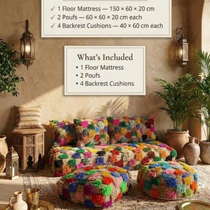 May include: A floor mattress, two poufs, and four backrest cushions featuring a multi-colored tufted pattern. Text reads: PACKAGE CONTENT 1 Floor Mattress - 150 x 60 x 20 cm, 2 Poufs - 60 x 60 x 20 cm each, 4 Backrest Cushions - 40 x 60 cm each.