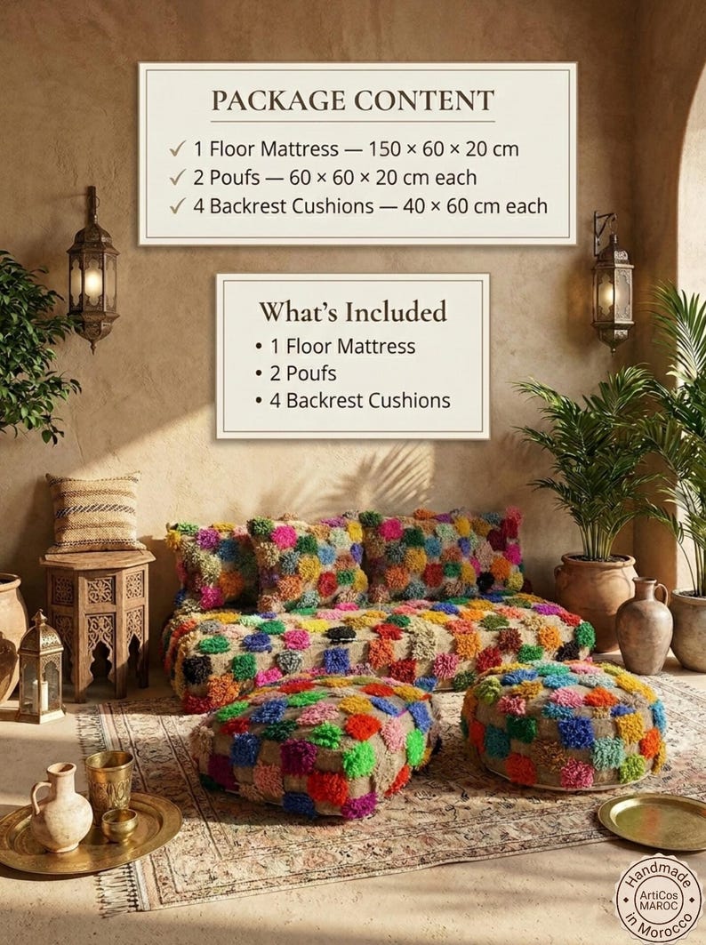 May include: A floor mattress, two poufs, and four backrest cushions featuring a multi-colored tufted pattern. Text reads: PACKAGE CONTENT 1 Floor Mattress - 150 x 60 x 20 cm, 2 Poufs - 60 x 60 x 20 cm each, 4 Backrest Cushions - 40 x 60 cm each.