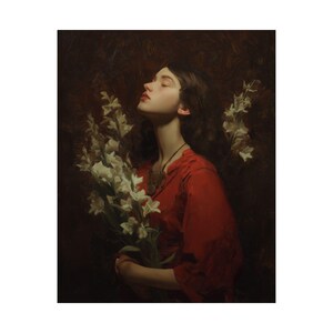 Matte Vertikale Poster, Elegante Frau im Roten Kleid mit weißen Blumen, Klassische Ölmalerei Stil, Gelassene und nostalgische Stimmung, Dunkel