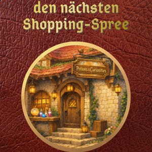 Könnte beinhalten: Illustration eines Ladens mit dem Text „Potions & Curiosities“ über der Tür, umgeben von einem goldenen Kreis auf strukturiertem rotem Hintergrund. Der Text „5 Shops für den nächsten Shopping-Spree“ steht oben und „Basilisk Bazaar“ unten.