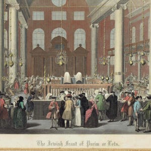 1840 The Jewish Feast of Purim or Lots Print - Synagogue Interior - Hand-Coloured Religious Festival Scene - 7 x 11 in