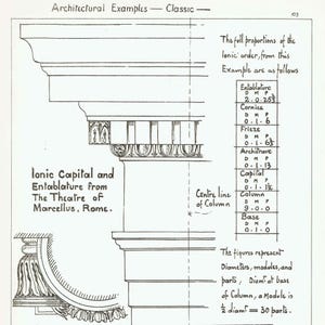 May include: An architectural illustration of an Ionic capital and entablature from the Theatre of Marcellus, Rome. The drawing provides measurements and labels for elements like the cornice, frieze, and architrave. The text includes "Architectural Examples - Classic" and dimensional data.