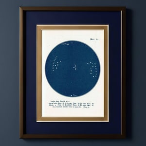 Peut inclure: Impression encadrée d'une carte céleste vintage. L'œuvre présente une représentation circulaire bleu foncé d'étoiles et de constellations, avec du texte indiquant la date et les positions des étoiles. L'impression est encadrée dans un cadre doré, sur un passe-partout bleu marine et un cadre marron foncé.