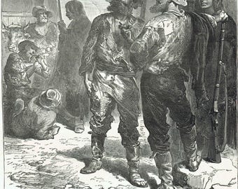 1875 Uomini dei boschi e indiani - Incisione antica - Viaggi illustrati Vol. 6 Scena di frontiera americana vittoriana - 8 x 11,5 pollici