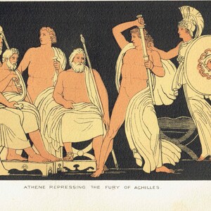 1887 Athene Repressing the Fury of Achilles - Original Antique Print By Flaxman - Homer Greek Mythology Classical Figure Study - 7.25 x 4...