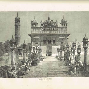 May include: An antique black and white illustration of the Temple at Amritsar. The image shows a large temple with multiple domes and minarets, surrounded by people. The text "TEMPLE AT AMRITSIR" is at the bottom.