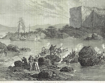 1875 Combat & Deliverance of Medina - Antique Engraving - Illustrated Travels Victorian Military Arabia History - 8 x 11.5 in