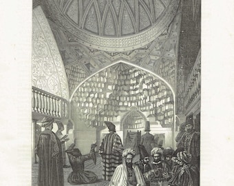 1871 Turkestan Mosque Interior - Antique Engraving By Bates - Victorian Central Asia Travel Islamic Architecture - 8 x 11.5 in