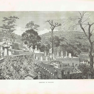 May include: A detailed black and white illustration of the Cemetery of Nagasaki. The image shows a hillside cemetery with various tombstones, buildings, and dense vegetation. The text "Cemetery of Nagasaki" is at the bottom.