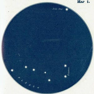 May include: A vintage illustration of a night sky map, featuring a dark blue circular background with white stars. The text "Pole Star," "Plough," and "Pointers" are labeled on the map. The map is labeled "Map 1."