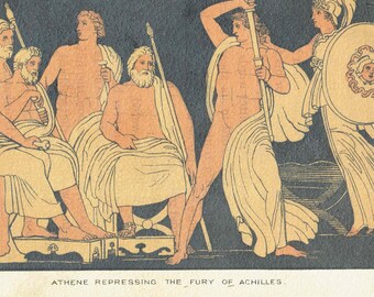 1888 Athene Repressing the FFury of Achilles - Antique Print By Flaxman - Homer Greek Mythology Classical Figure Study - 7.25 x 4.5 in
