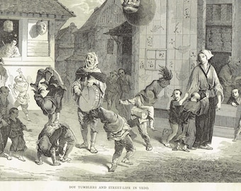 1875 Boy Tumblers & Street-Life in Yedo - Antique Engraving - Japanese Tokyo Scene Illustrated Travels Bates - 11.5 x 8 in