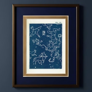May include: Framed vintage print of a celestial map featuring constellations in white against a deep blue background. The print is labeled "MAP 28." and is encased in a gold frame, set within a navy blue mat and a dark brown frame.