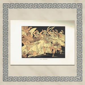 Könnte beinhalten: Ein antiker Druck, der eine klassische Szene mit Figuren in Togas, Schilden und Schwertern zeigt. Das Kunstwerk hat einen schwarzen Hintergrund mit Figuren in Beige- und Brauntönen. Der Druck ist mit einem griechischen Schlüsselbord versehen.