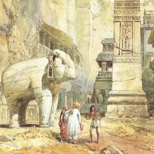 May include: Watercolour painting depicting an ancient Indian temple complex. A large stone elephant statue is near a group of people in traditional clothing. The scene is rendered in muted earth tones, with detailed architectural elements.