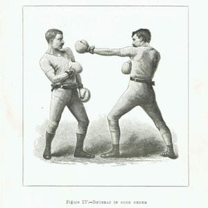 May include: A vintage engraving shows two boxers engaged in a boxing match. They are dressed in gloves, trousers, and short-sleeved tops. One boxer is throwing a punch, while the other is in a defensive posture. The text at the bottom reads "Figure IV. - Retreat in good order."