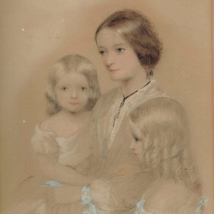 May include: A pastel portrait of a woman and two young girls. The woman, with brown hair, is in the center, with the girls on either side. They are all wearing light-colored dresses. The background is a soft, warm beige.