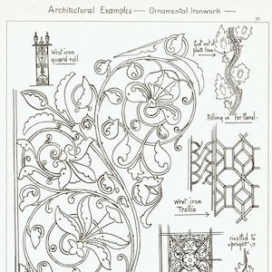May include: Black and white illustration of ornamental ironwork designs. The image includes examples of wrought-iron guard rails, trellis, and panel filling, with floral and geometric patterns. Text includes "Architectural Examples - Ornamental Ironwork".