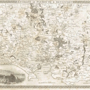 May include: Antique map of the Environs of Plymouth & Devonport, featuring detailed cartography of the region. The map is in sepia tones, with intricate details of towns, rivers, and geographical features. The title is at the top.