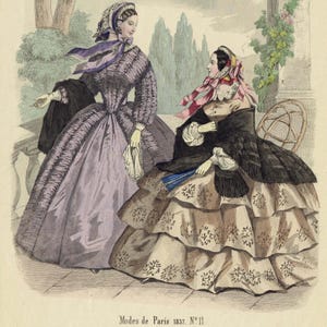 1857年 モード・ド・パリ No.11 版画 - パリの女性のファッション - 手彩色リトグラフ - 9.75 x 6.75インチ