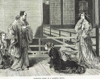 1875 Daimio's House Japan - Antique Engraving - Victorian Japanese Interior Portrait Scene Illustrated Travels - 11.5 x 8 in
