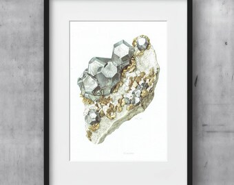 May include: A framed print featuring a detailed illustration of a cluster of metallic gray and gold crystals on a white background. The artwork is set within a black frame, showcasing the natural beauty of the mineral formation.