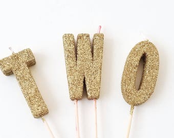 Sale GLITTER TWO CANDLES Gold Small Letter Candle Custom Glitter Number Birthday Cake Candles Photo Prop Cake Smash 2nd Birthday Cake Topper