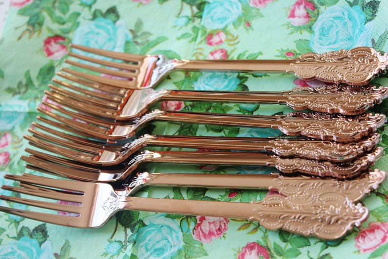 SALE 120 FAUX COPPER Cutlery Plastic Forks Spoons Knives Tableware Rose Gold Vintage Style Wedding Shower Tea Party Shabby Chic Garden
