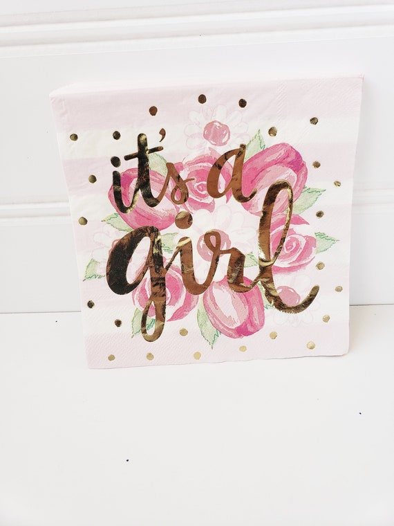 25ct ITS A GIRL Large Paper Napkins Pink Baby Shower Gold Dot Floral Girly Whimsical Its a Girl Theme Shower Gold Lettering Gender Reveal Il_570xn