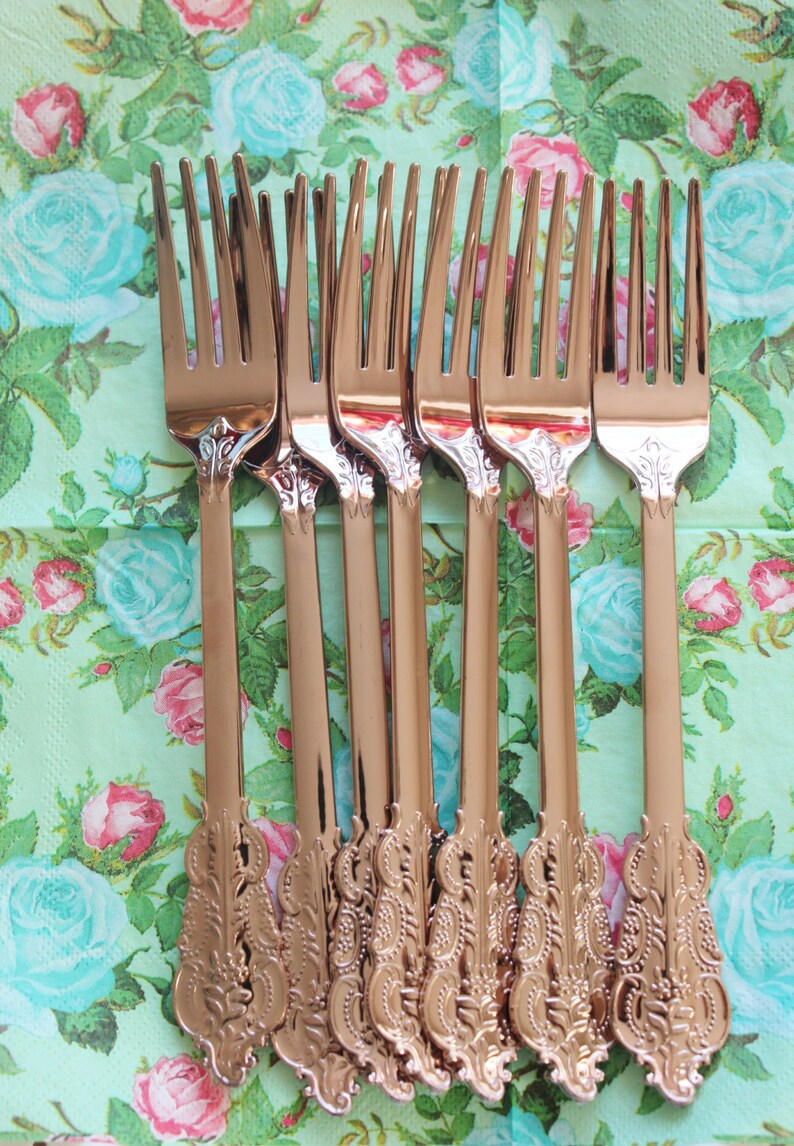 SALE 120 FAUX COPPER Cutlery Plastic Forks Spoons Knives Tableware Rose Gold Vintage Style Wedding Shower Tea Party Shabby Chic Garden