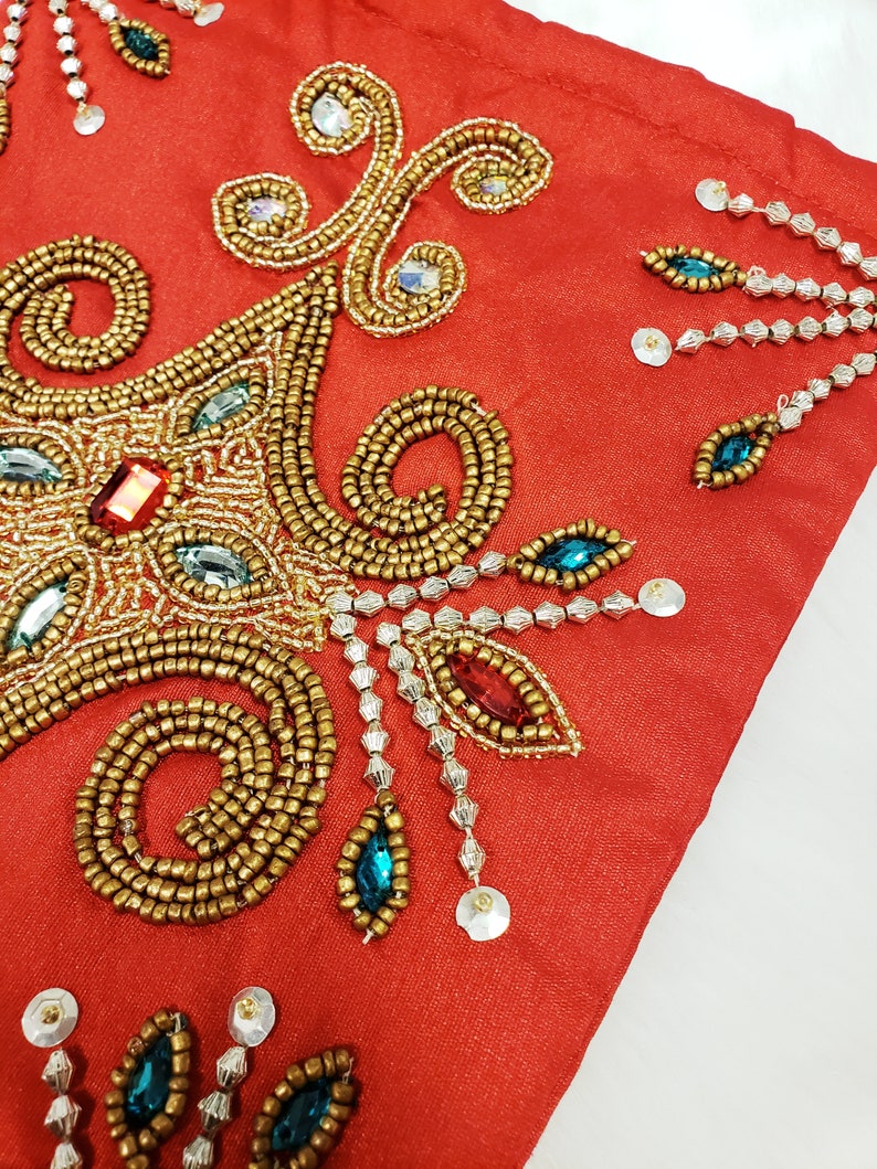 Sale GOLD RED BEADED Stocking Personalized Sari Jeweled Sequined Embroidered Christmas Holiday Indian Unique Floral Boho Bohemian Stones