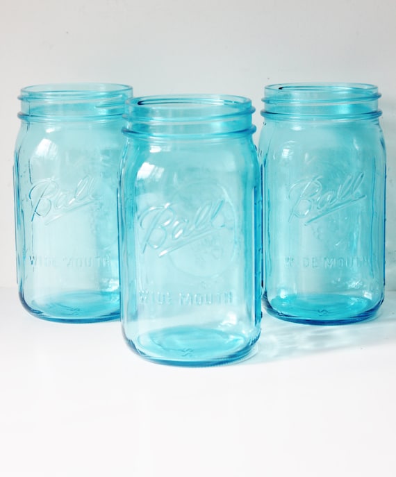 Sale 6 AQUA BLUE MASON Jars Jar Wide Mouth 32 oz Canning Jars Rustic Vintage Wedding Light Blue Teal Turquoise Beach Ball Candle Holder Vase Il_570xn