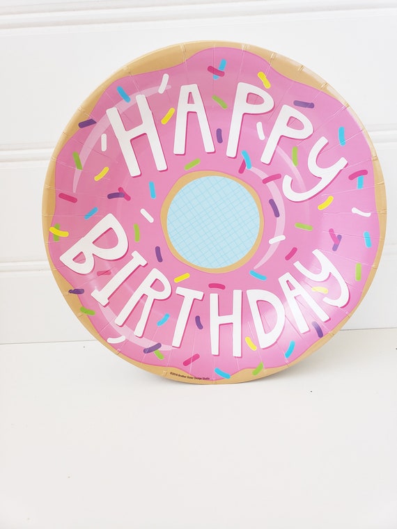 Sale 20 DONUT PAPER PLATES Happy Birthday Donuts 10" Party Doughnuts Doughnut Supplies Sprinkles Pink Lunch Dinner Rainbow Sprinkle Frosted Il_570xn