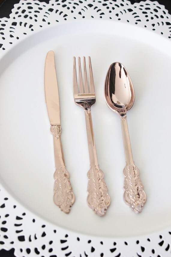 SALE 30 FAUX COPPER Cutlery Plastic Forks Spoon Knives Tableware Rose Gold Vintage Style Wedding Shower Tea Party Shabby Garden Thanksgiving Il_570xn