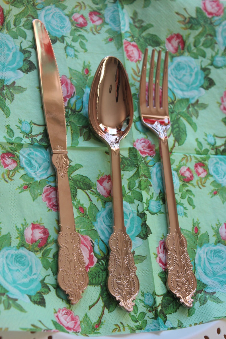 SALE 120 FAUX COPPER Cutlery Plastic Forks Spoons Knives Tableware Rose Gold Vintage Style Wedding Shower Tea Party Shabby Chic Garden