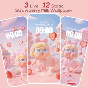 Papel de parede 3 ao vivo 12 estático Kawaii Heart Strawberry girl | Fundo de arte digital estético rosa fofo