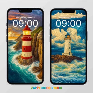 May include: Two smartphone screens displaying lighthouse-themed digital art. One shows a red and white lighthouse on a cliff at sunset, the other a white lighthouse on a rocky island with a blue sky. Both show the date and time.