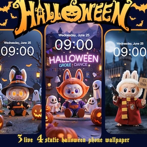 Puede incluir: Un fondo de pantalla digital con temática de Halloween con tres personajes de conejos animados con disfraces, calabazas y fantasmas. El texto incluye "Halloween", "Miércoles 25 de junio, 09:00" y "3 live 4 static halloween phone wallpaper."