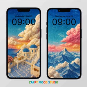Op de afbeelding: Twee smartphones met digitale kunst wallpapers. Eén toont een Santorini-achtige scène met witte gebouwen, blauwe koepels en een tafelsetting. De andere toont een bergketen onder een roze en oranje lucht. Beide schermen tonen de tijd: 09:00.