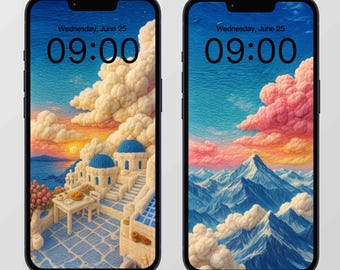 8 sfondi per telefono in stile lana - Arte paesaggistica in feltro accogliente / Download digitale per iPhone e Android