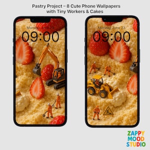 May include: Two smartphone screens displaying whimsical wallpapers. Each features a dessert scene with strawberries, tiny construction workers, and miniature vehicles. The time reads 09:00 on Monday, June 23. The text at the top says "Pastry Project - 8 Cute Phone Wallpapers with Tiny Workers & Cakes."