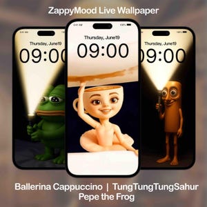 Puede incluir: Tres pantallas de teléfonos inteligentes que muestran fondos de pantalla en vivo. Los fondos de pantalla presentan una rana verde con una linterna, una bailarina con una cabeza de taza de café y un personaje de dibujos animados con una linterna. La hora es las 9:00 am del 19 de junio. El texto en la parte inferior dice: Ballerina Cappuccino | TungTungTungSahur Pepe the Frog.