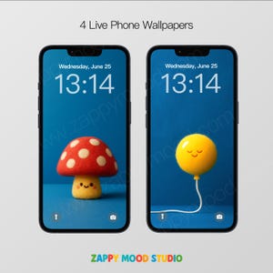 Può includere: Due smartphone mostrano sfondi animati. Uno mostra un fungo rosso con pois bianchi, l'altro un palloncino giallo con una faccia sorridente. Entrambi i telefoni mostrano la data e l'ora: mercoledì 25 giugno, 13:14.