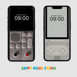 May include: Two smartphones with unique designs. One features a retro audio recorder interface, the other a game controller. Both display "Monday, June 23, 09:00". The bottom of the image has the text "ZAPPY MOOD STUDIO".