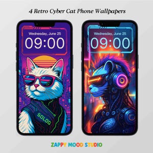 Op de afbeelding: Twee smartphones met retro cyber kat telefoon wallpapers. Eén toont een witte kat met roze zonnebril en een printplaat ontwerp. De andere toont een blauwe kat met futuristische koptelefoon. Beide tonen de datum en tijd.
