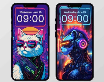 4 Retro Cyber Cat Wallpapers – Neon Vaporwave Cat Art, Cyberpunk Kitty Lock Screen, Digital Phone Wallpaper Download