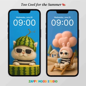 May include: Two smartphones displaying summer-themed wallpapers. One shows a cat wearing a watermelon hat and sunglasses, the other a cat in a bunny hat relaxing on a beach chair. The text "Too Cool for the Summer" is at the top.